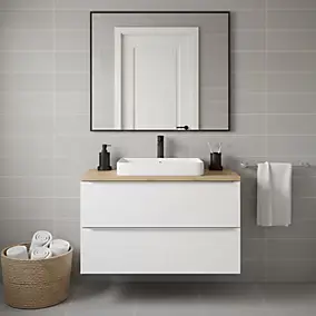 Meuble suspendu blanc brillant l.100 cm Imandra + plan de toilette chêne massif Hartland, GoodHome