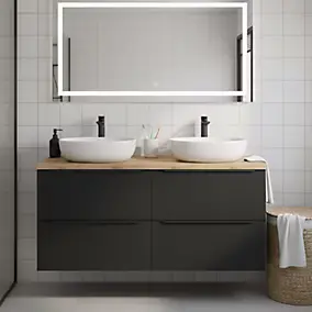 Meuble vasque suspendu noir mat l.120 cm Imandra + plan de toilette chêne Hartland, GoodHome