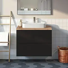 Meuble vasque suspendu noir mat l.80 cm Imandra + plan de toilette effet chêne, GoodHome