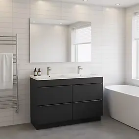 Meuble vasque à poser noir mat l.120 cm Imandra + plan double double vasque blanc céramique Nira, GoodHome