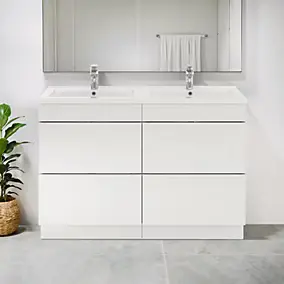 Meuble vasque à poser blanc brillant l.120 cm Imandra + plan double vasque blanc céramique Nira, GoodHome