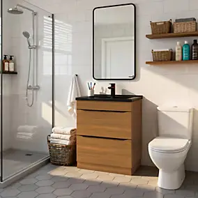 Meuble vasque à poser effet noyer l.60 cm Imandra + plan vasque noir céramique Nira, GoodHome