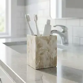 Gobelet salle de bain beige effet pierre en polyrésine, GoodHome Cenia