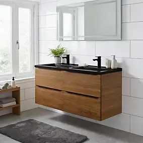 Meuble vasque suspendu effet noyer l.120 cm Imandra + plan double vasque noir céramique Nira, GoodHome