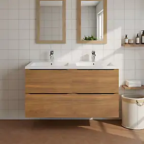 Meuble vasque suspendu effet noyer l.120 cm Imandra + plan double vasque blanc céramique Nira, GoodHome