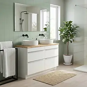 Meuble vasque à poser blanc brillant l.120 cm Imandra + plan de toilette chêne massif Hartland, GoodHome