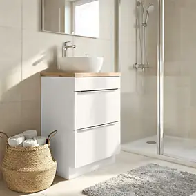 Meuble vasque à poser blanc brillant l.60 cm Imandra + plan de toilette chêne massif Hartland, GoodHome