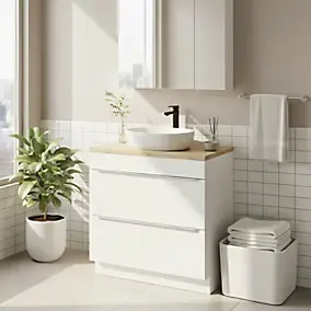 Meuble vasque à poser blanc brillant l.80 cm Imandra + plan de toilette chêne massif Hartland, GoodHome
