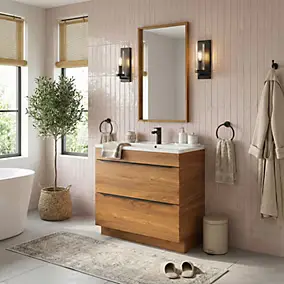 Meuble vasque à poser effet noyer l.80 cm Imandra + plan vasque blanc céramique Nira, GoodHome