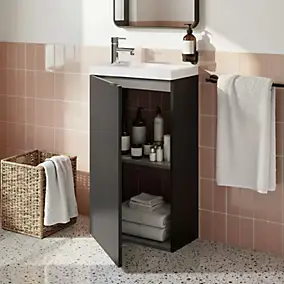 Meuble lave-mains à poser noir mat l.44 cm Imandra + plan vasque blanc résine Beni, GoodHome