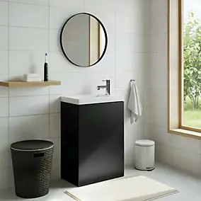 Meuble lave-mains suspendu noir mat l.44 cm Imandra + plan vasque blanc résine Beni, GoodHome