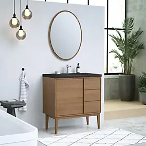 Ensemble meuble sous vasque placage bois Kabayan + plan vasque céramique noir Nira l.80 cm