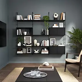 Étagère murale modulable avec 4 portes, étagère murale, 8 tablettes et 4 échelles noir GoodHome Rigga H. 171,2 x L. 180 x P. 29 cm