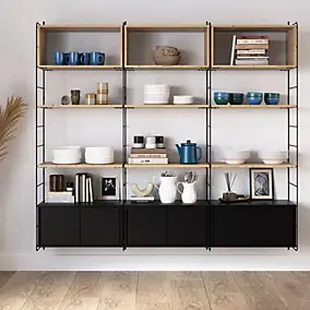 Étagère murale modulable avec 6 portes, 3 étagères murales, 6 tablettes et 4 échelles noir et pin massif GoodHome Rigga H. 171,2 x L. 180 x P. 29 cm