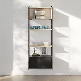 Étagère murale modulable avec 2 portes, étagère murale, 2 tablettes et 2 échelles noir et pin massif GoodHome Rigga H. 171,2 x L. 60 x P. 29 cm