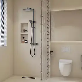 Colonne de douche thermostatique avec pomme de tête, douchette et flexible, noir mat, GoodHome Kozo