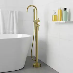 Colonne de baignoire îlot + flexible + douchette, doré brossé, GoodHome Owens