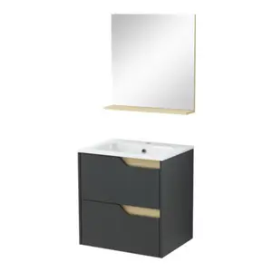 Ensemble meuble de salle de bain suspendu noir avec vasque et miroir TOLIMA 60 cm