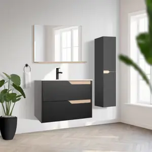 Ensemble meuble de salle de bain suspendu noir TOLIMA avec vasque et miroir 80 cm
