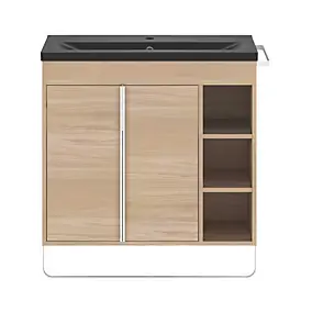 Meuble sous vasque à poser effet bois l.85cm Maza + plan vasque noir Nira faible profondeur GoodHome