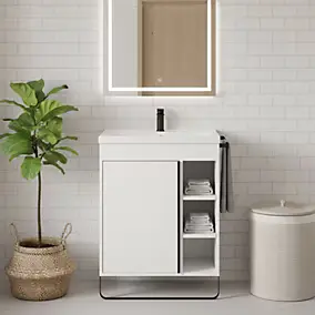 Meuble vasque faible profondeur blanc avec porte-serviettes l.65 x H.82 x P.36 cm Maza + plan vasque céramique blanc Nira, GoodHome
