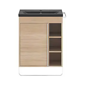Meuble sous vasque à poser effet bois l.65cm Maza + plan vasque noir Nira faible profondeur GoodHome