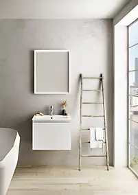 Meuble vasque suspendu blanc mat l.60 cm + plan vasque blanc mat résine, Pura+