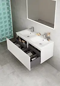 Meuble vasque suspendu blanc mat l.60 cm x 2 + plan double vasque blanc mat en résine, Pura+