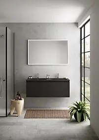 Meuble vasque suspendu noir mat l.120 cm + plan double vasque noir mat résine, Pura+