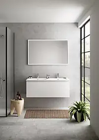 Meuble vasque suspendu blanc mat l.120 cm + plan double vasque blanc brillant en résine, Pura+