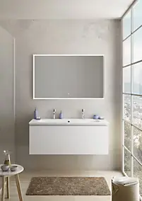 Meuble vasque suspendu blanc mat l.120 cm + plan vasque blanc mat résine pour 2 robinets, Pura+