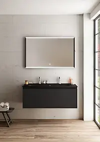 Meuble vasque suspendu noir mat l.120 cm + plan vasque noir mat résine pour 2 robinets, Pura+