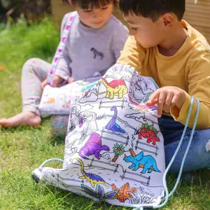 Sac à ficelles à colorier lavable et réutilisable Dino avec 10 feutres