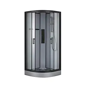 Cabine de douche 1/4 de cercle l.90 x L.90 x H.220 cm – hydromassante, fond gris profilés noirs, traitement anticalcaire, GoodHome Beloya