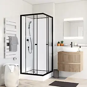 Cabine de douche l.80 x L.80 x H.200 cm – cabine d'angle, montage sans silicone, fond blanc et profilés noirs, GoodHome Arkell