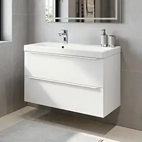 Meuble vasque suspendu blanc mat l.100 cm Imandra + plan vasque blanc résine Mila, GoodHome