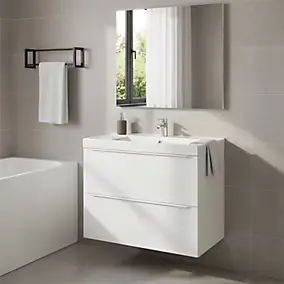 Meuble vasque suspendu blanc mat l.80 cm Imandra + plan vasque blanc résine Mila, GoodHome