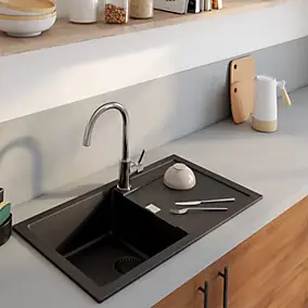 Évier à encastrer en composite de quartz noir 1 bac avec égouttoir, L.76 x P.44 cm, GoodHome Hawking