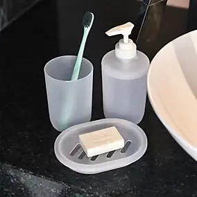 3 accessoires salle de bains distributeur savon, porte savon et gobelet en plastique transparent, Glomma