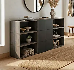 Armoire 6 portes battantes noires, effet chêne grisé GoodHome Atomia Noveleties H. 112,5 x L. 225 x P. 35 cm