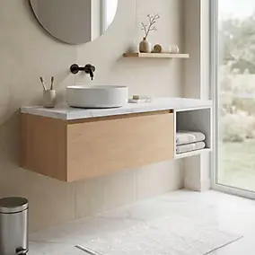 Ensemble meubles de salle de bains Kentia l.120 cm effet chêne et blanc mat avec plan de toilette Cadélia effet marbre blanc