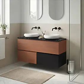 Ensemble meubles de salle de bains Kentia l.120 cm effet noyer avec plan de toilette Cadélia effet marbre noir