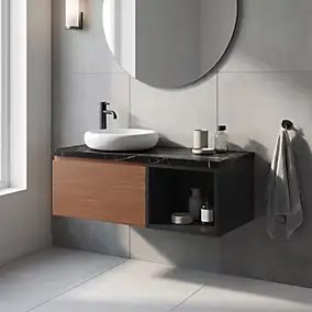 Ensemble meubles de salle de bains Kentia l.100 cm effet noyer et noir mat avec plan de toilette Cadélia effet marbre noir