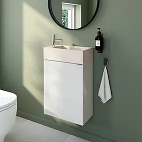 Meuble lave-mains blanc brillant l.44 cm Imandra + plan vasque béton moucheté, GoodHome