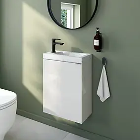 Meuble lave-mains blanc brillant l.44 cm Imandra + plan vasque effet marbre blanc, GoodHome