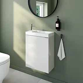 Meuble lave-mains suspendu blanc brillant l.44 cm Imandra + plan vasque blanc céramique Nira, GoodHome