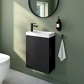 Meuble lave-mains suspendu noir mat l.44 cm Imandra + plan vasque effet marbre blanc, GoodHome