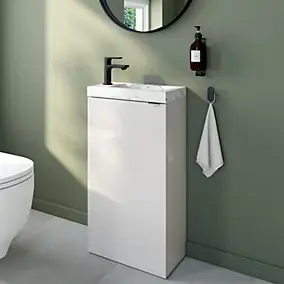 Meuble lave-mains à poser blanc brillant l.44 cm Imandra + plan vasque effet marbre blanc, GoodHome