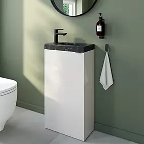 Meuble lave-mains à poser blanc brillant l.44 cm Imandra + plan vasque effet marbre noir, GoodHome