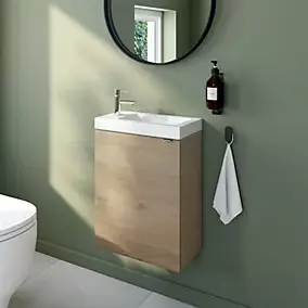 Meuble lave-mains à poser effet chêne l.44 cm Imandra + plan vasque blanc céramique Nira, GoodHome